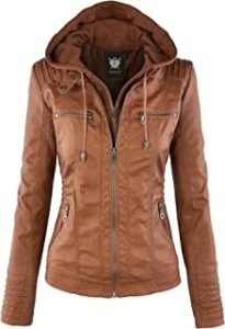 Women's Removable Hooded Faux Leather Jacket Moto Biker Coat